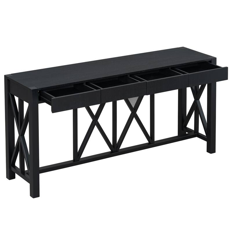 Acacia Veneer Console Table Entryway Table with 4 Drawers and X-Leg, Farmhouse Sofa Table with Open Bottom Storage