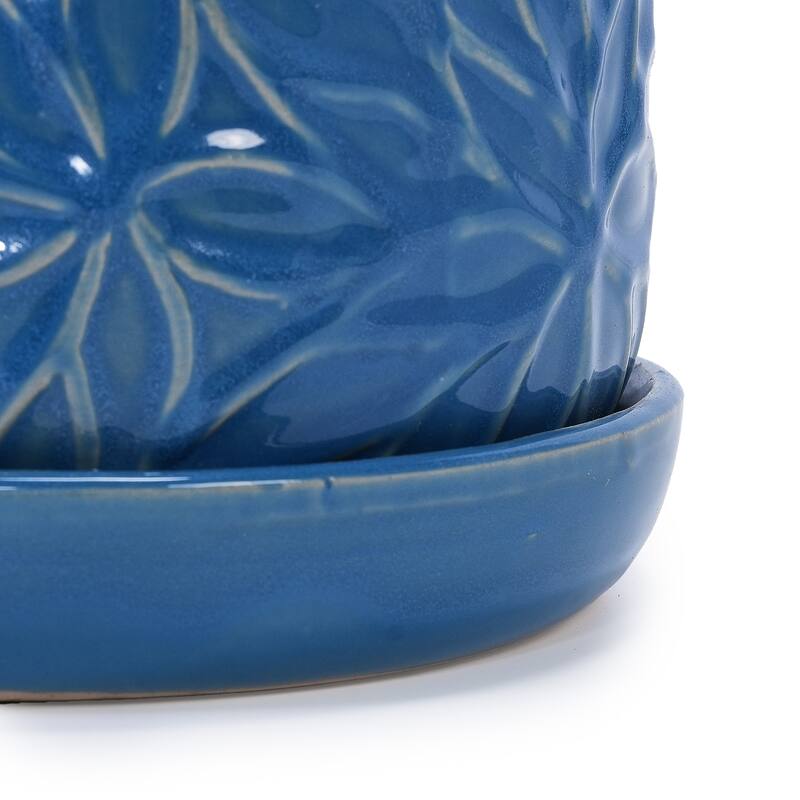 Set of 2 Handmade Modern Embossed Leaf Ceramic Planters with Saucers