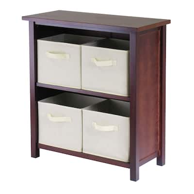 Verona 5-Pc Storage Shelf with 4 Foldable Fabric Baskets, Walnut and Beige - 28.03"W x 13"D x 30"H