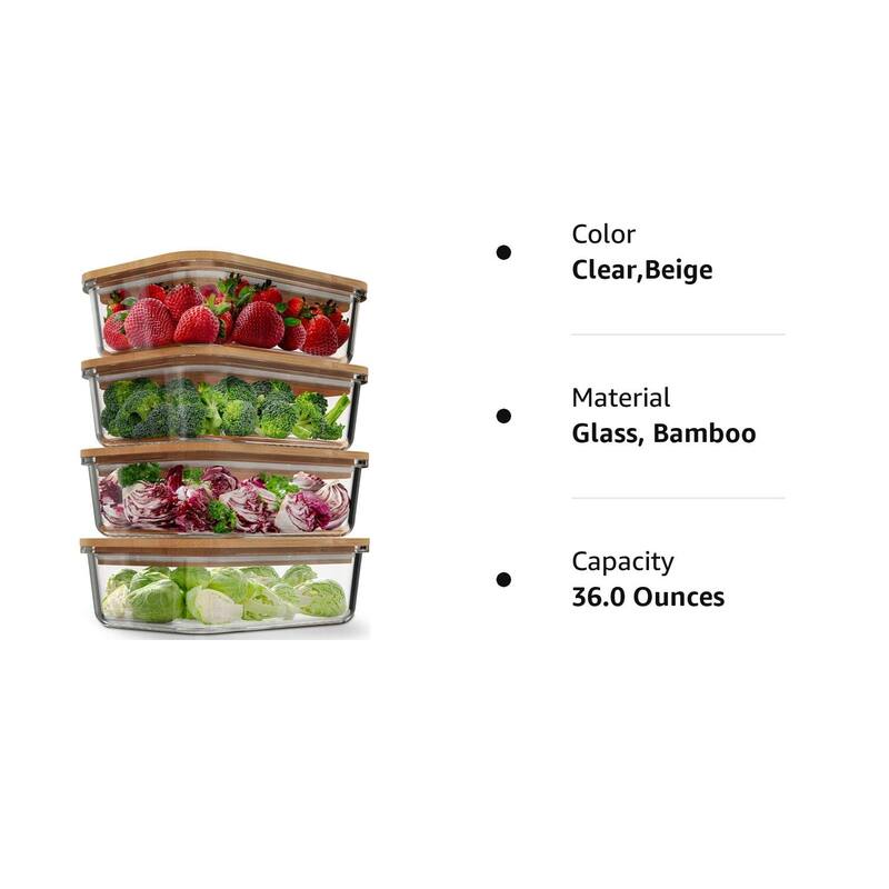 Glass Food Storage Containers with Bamboo Lids (4 Pack, 36 Ounce) Eco Friendly Meal Prep Containers Airtight