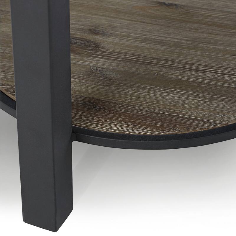 Cyon 24 Inch Round Side End Table, Black Metal Frame, Gray Wood, Open Shelf