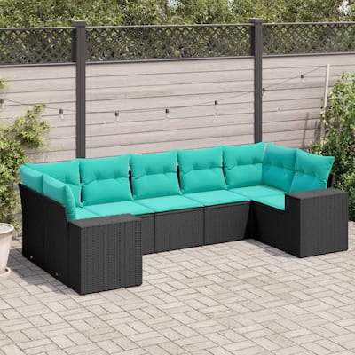vidaXL 7 Piece Patio Sofa Set with Cushions Black Poly Rattan - 24.4 x 24.4 x 27.2