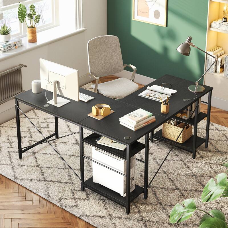 95.2 Inch L Shaped Desk with Shelves Home Office Computer Desk - Black