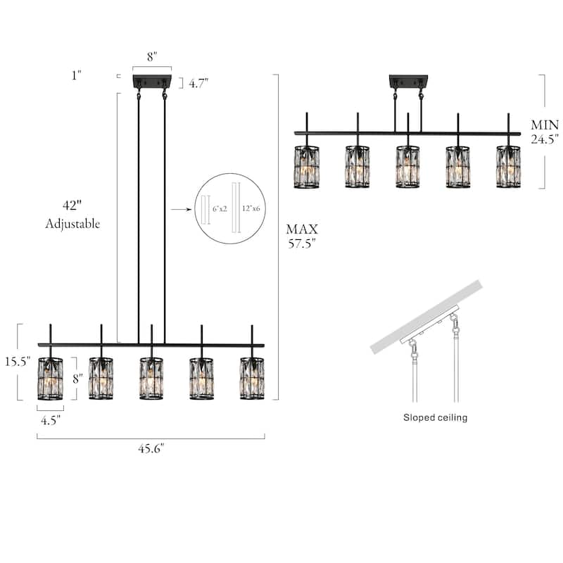 Aulia Modern 5-Light Crystal Chandelier Linear Black Kitchen Island Lights - L 45.6" x D 4.5" x H 15.5"