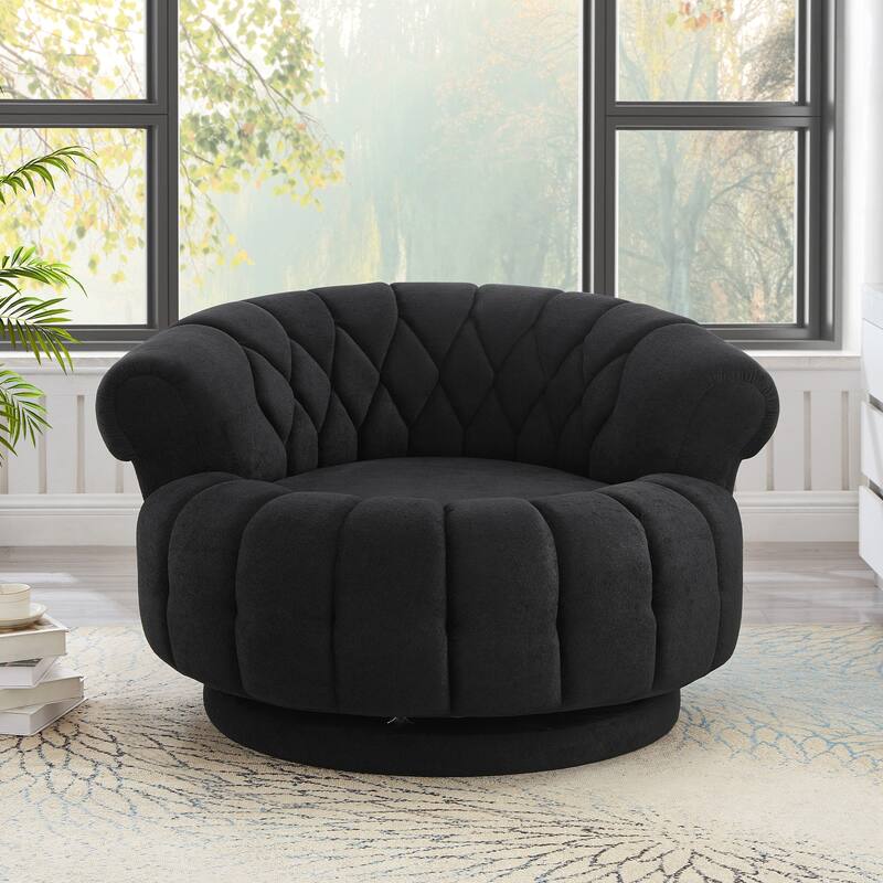 Roomfitters 46 Inch Oversized Round Barrel Swivel Accent Chair with Channel Tufting, Chenille - Black