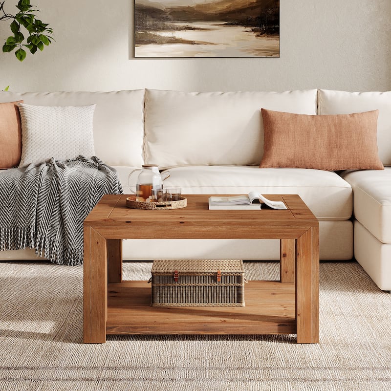 Square Solid Wood Coffee Table, Open Storage Shelf Living Room Center Cocktail Accent Table