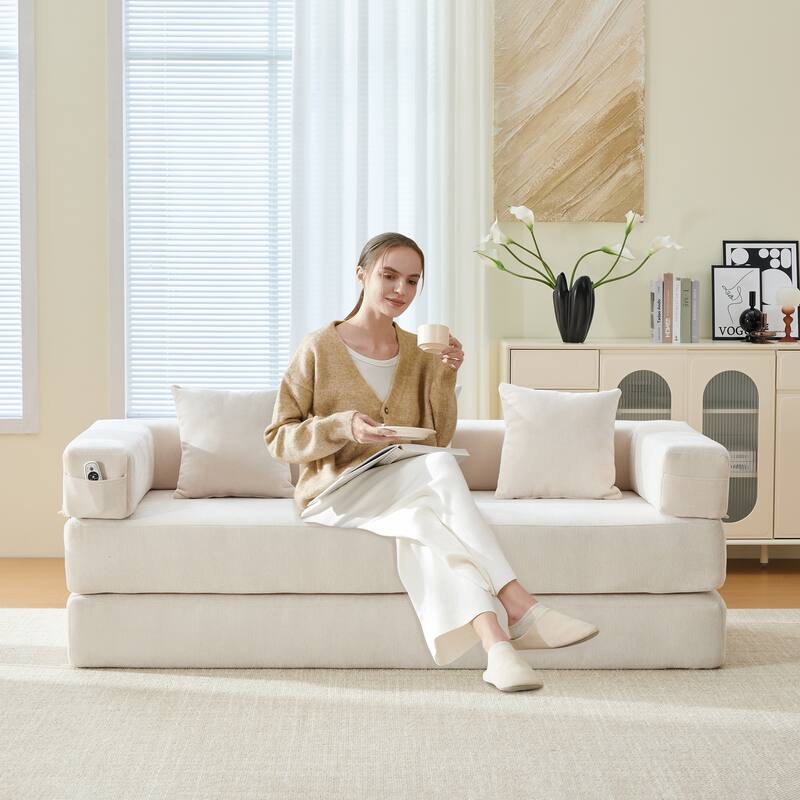 6-in-1 Folding Memory Foam Sleeper Sofa Bed Chenille Floor Chaise Lounge Couch with Side Pocket, Removable & Washable Cover - Beige
