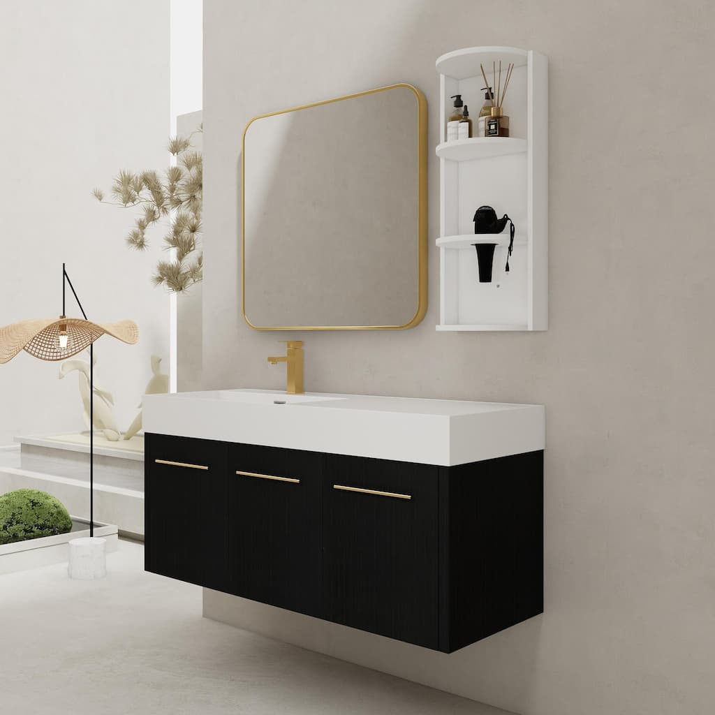 Wall mounted bathroom vanity with sink and storage shelf