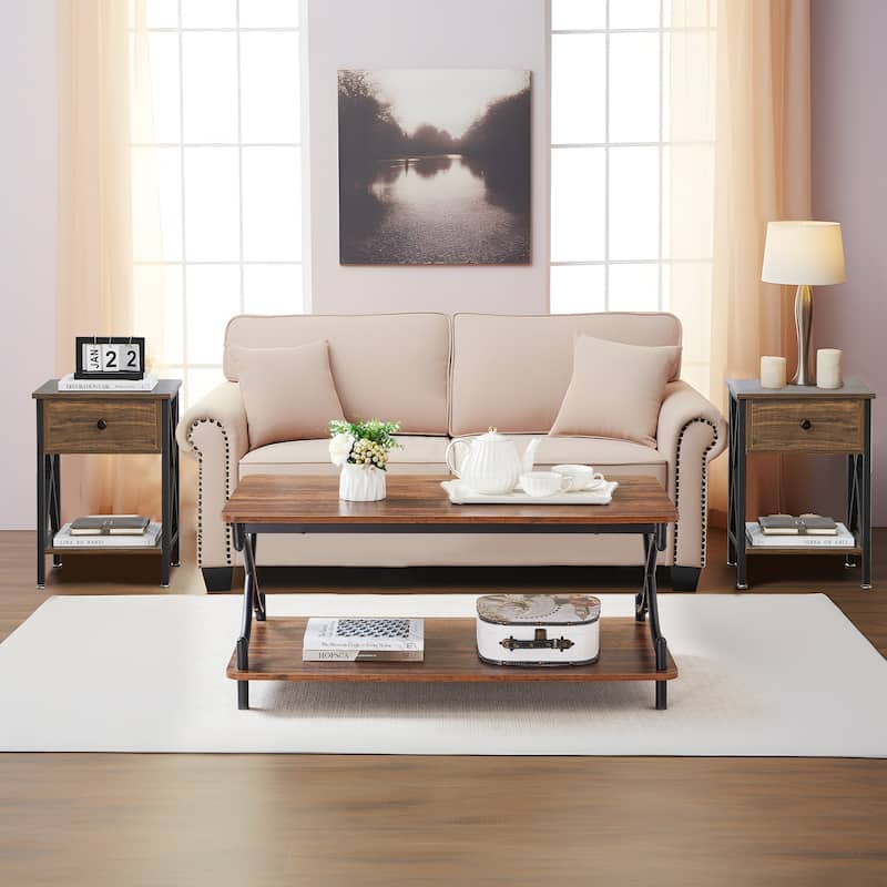 VECELO 3-piece Coffee Table Set with Shelf, Coffee Table with Set of 2 Nightstands