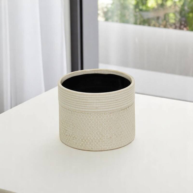 HomeRoots Off White Ceramic 42 Ounce Dotted Round Distressed Pot Planter - 5.50 in. x 4.25 in. x 5.50 in. - Off White - 5.50 in. x 4.25 in.  x 5.50 in.
