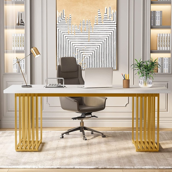 70.9 Modern Office Desk White Executive Desk with Gold Metal Frame On Sale Bed Bath Beyond 36854605
