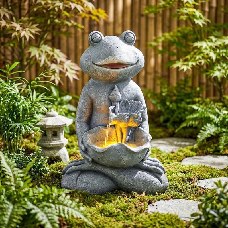 Outdoor Meditating Frog Water Fountain with Lotus Accents 18.9in Tall and Lights