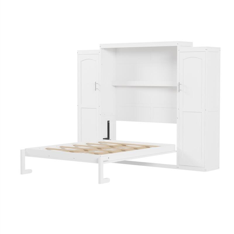 Wooden Murphy Bed Wall Bed with 2 Bulit-in Wardrobes, Full/Queen Size Foldable Murphy Cabinet Bed with Storage Shelves