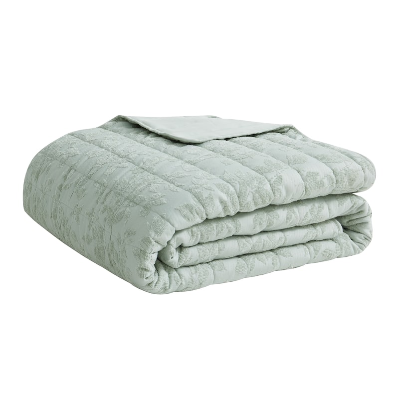 Botanical Leaves Sage All-Season Soft Luxury Chenille Jacquard Quilt Set
