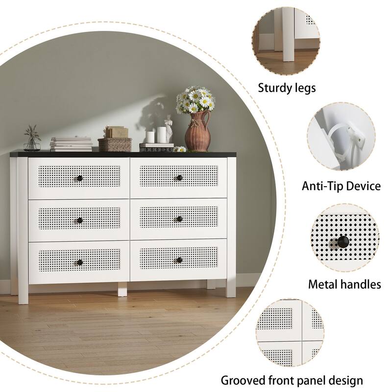 Fluted 6 Drawer Dresser for Bedroom, 47.2 Inch Wide Modern Wooden Chest of Drawers with Metal Handles