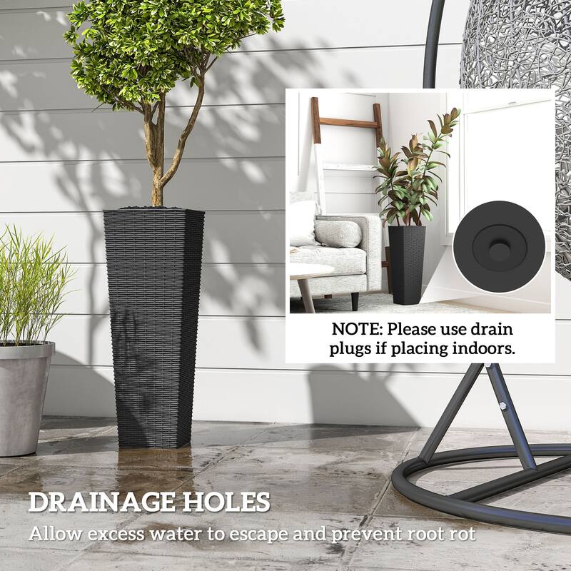 Outsunny 23.6 Inch Tall Planters for Outdoor Plants, Set of 2 Plastic Rattan-Like Flower Pots Front Porch