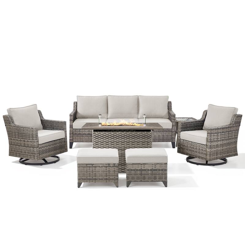 Pocassy Outdoor Swivel Chair with Sofa with Fire Pit Table