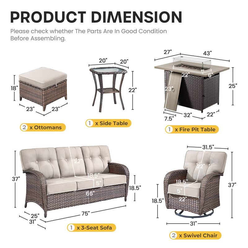 Gymojoy Outdoor Wicker Patio Furniture Sofa Set with 55,000 BTU Fire Pit Table, Swivel Chairs, Ottomans & Side Tables