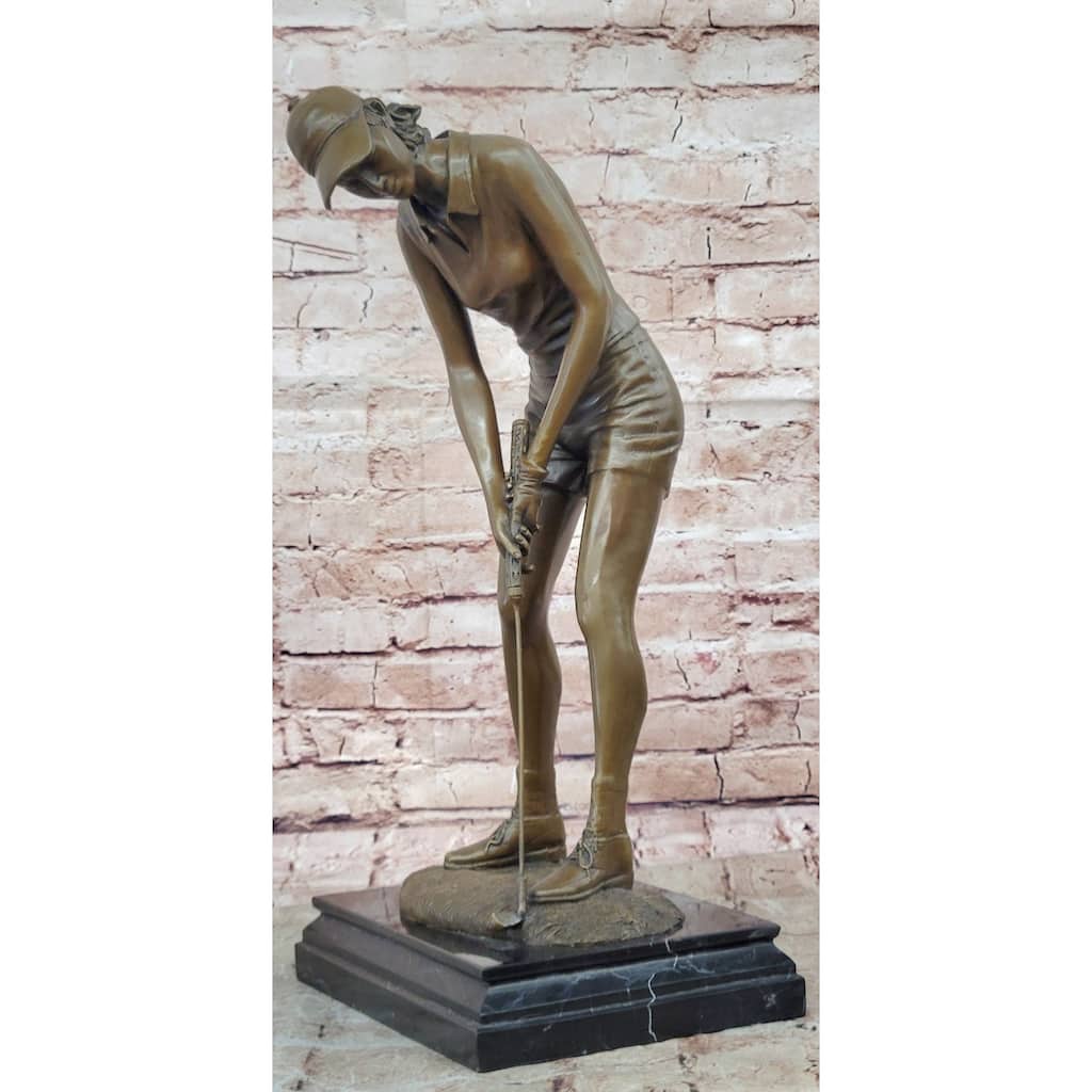 Bronze Female Golfer Sculpture – Lady Putting Golf Statue On Marble Base
