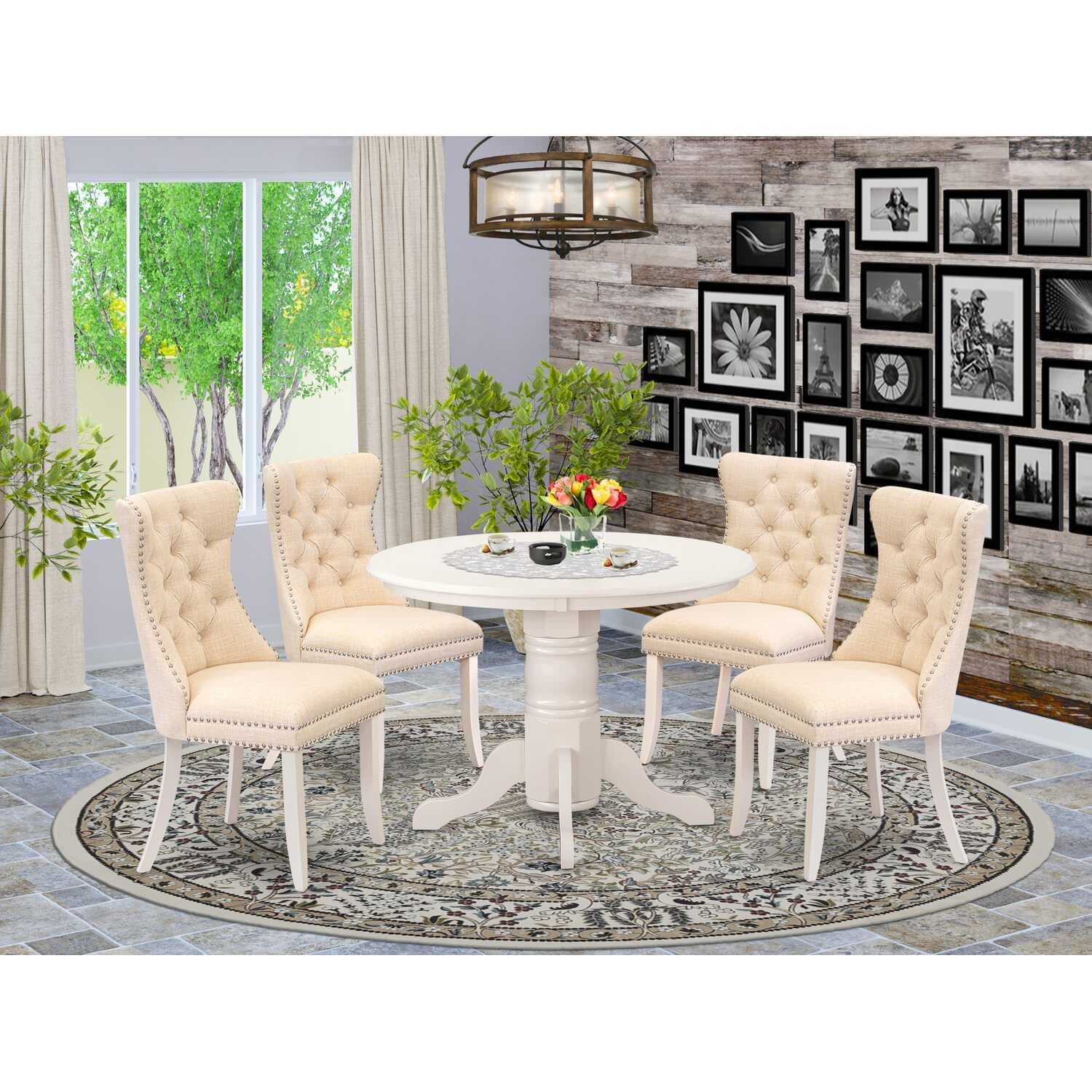 Round Pedestal Dining Table Set - 5 Piece Kitchen Table with 4 Chairs - Linen White Finish