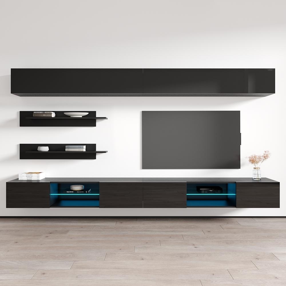 Meble Furniture Fly I1 Wall Mounted Floating Entertainment Center with LED Lights & Touch TIP-ON System for up to 70" TVs