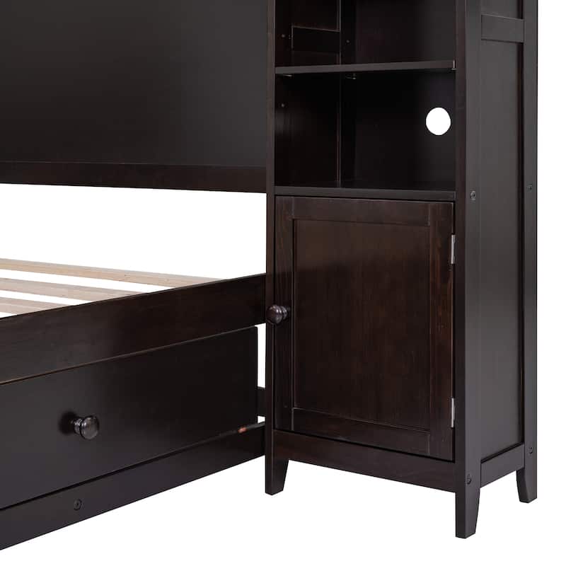 Full Size Platform Bed Storage Bed With All-in-One Cabinet, Shelves and Pull-out Drawers, Wooden Bookcase Bed for All Ages