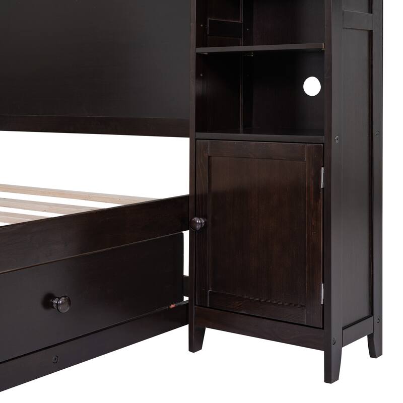 Full Size Platform Bed with All-in-One Cabinet and Shelf, Wooden Full Beds Frame with 4 Storage Drawers and Bookcase Headboard