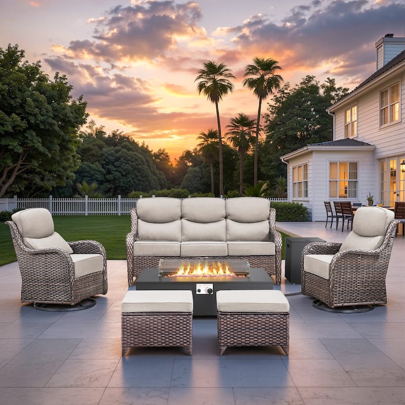 Pocassy 43 In Fire Pit w/ Outdoor Sofa Swivel Chair Ottoman Set - Brown Wicker Beige Cushion - 6PCS Fire Table w/ 6-In Sofa Swivel Chair Ottoman