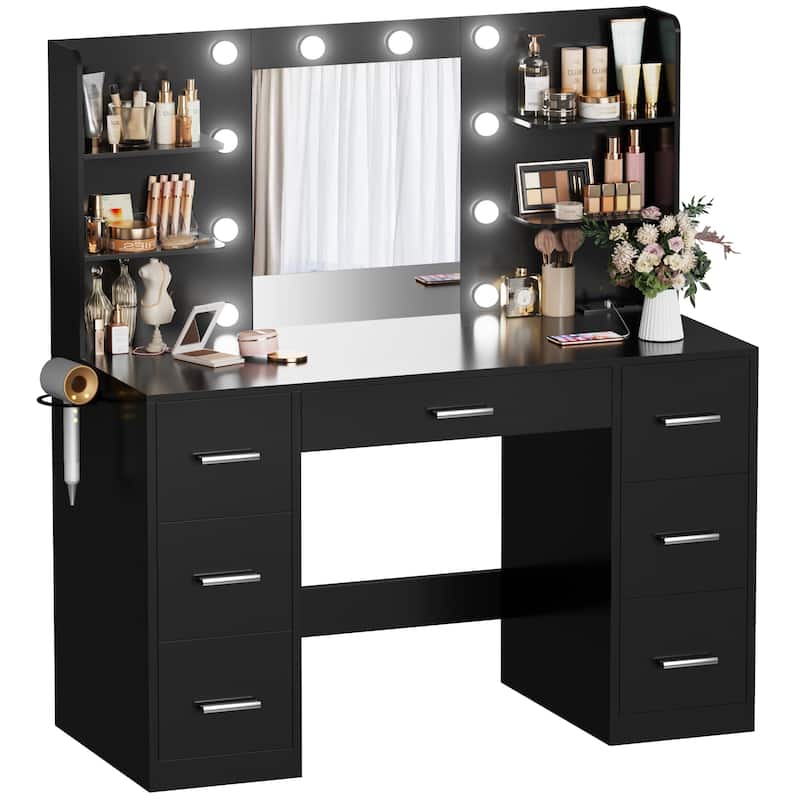 Furniwell Makeup Vanity with Mirror and Drawers Vanity Desk Set with 3 Modes Adjustable Brightness Lights and USB Power Outlet