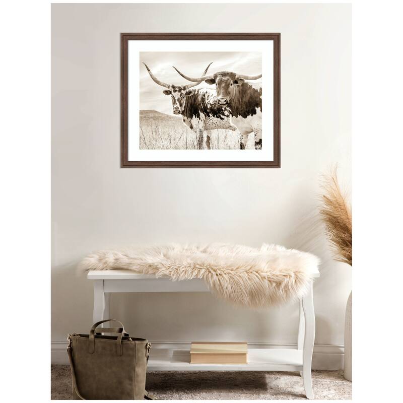 Kate and Laurel Sepia Texas Longhorn Cattle in Pasture by The Creative Bunch Studio Framed Wall Art Print