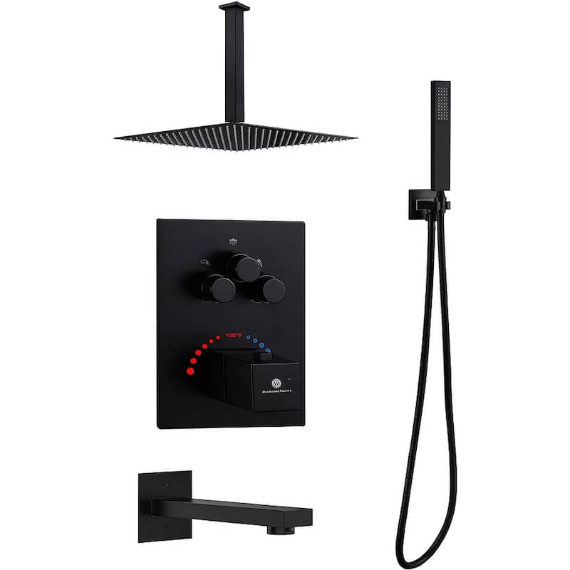 Matte Black Ceiling Mount 12 inch Rainfall Shower Head 3 Way Thermostatic Shower Faucet w/ Tub Spout - Matte Black