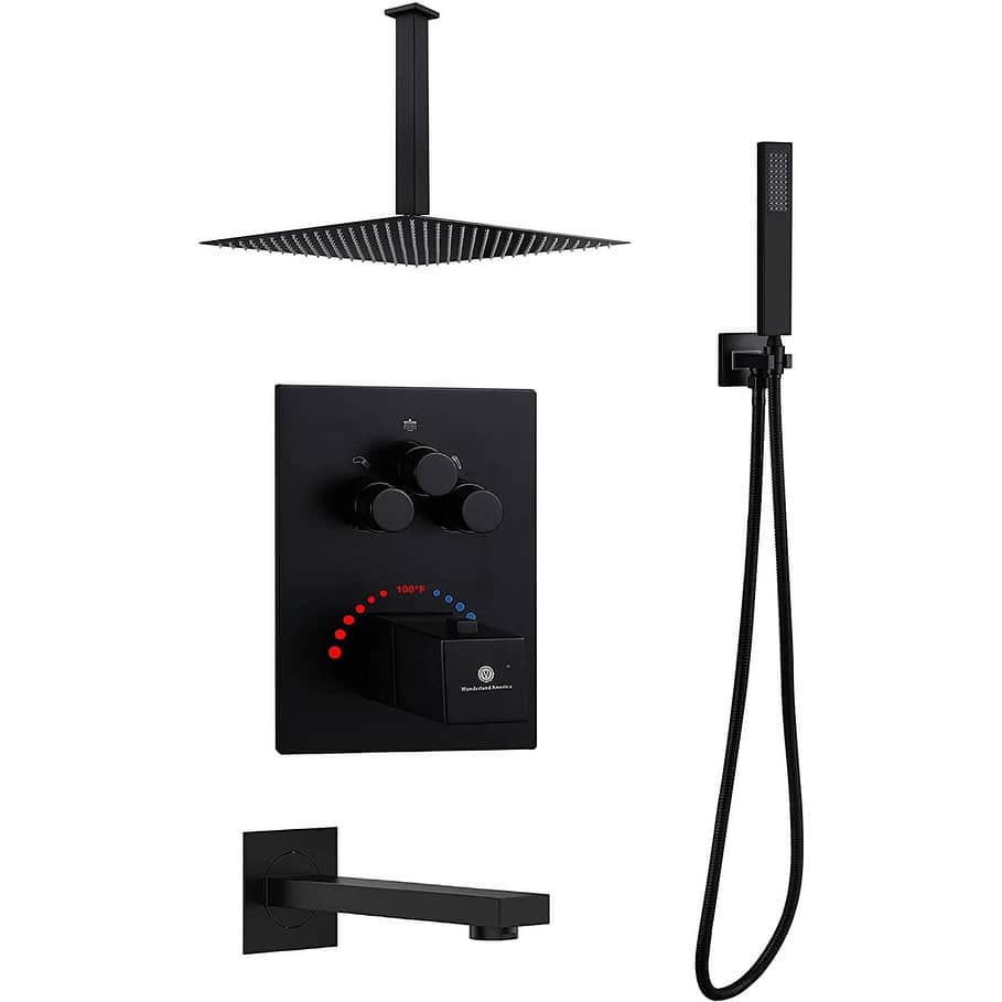Matte Black Ceiling Mount 12 inch Rainfall Shower Head 3 Way Thermostatic Shower Faucet w/ Tub Spout - Matte Black