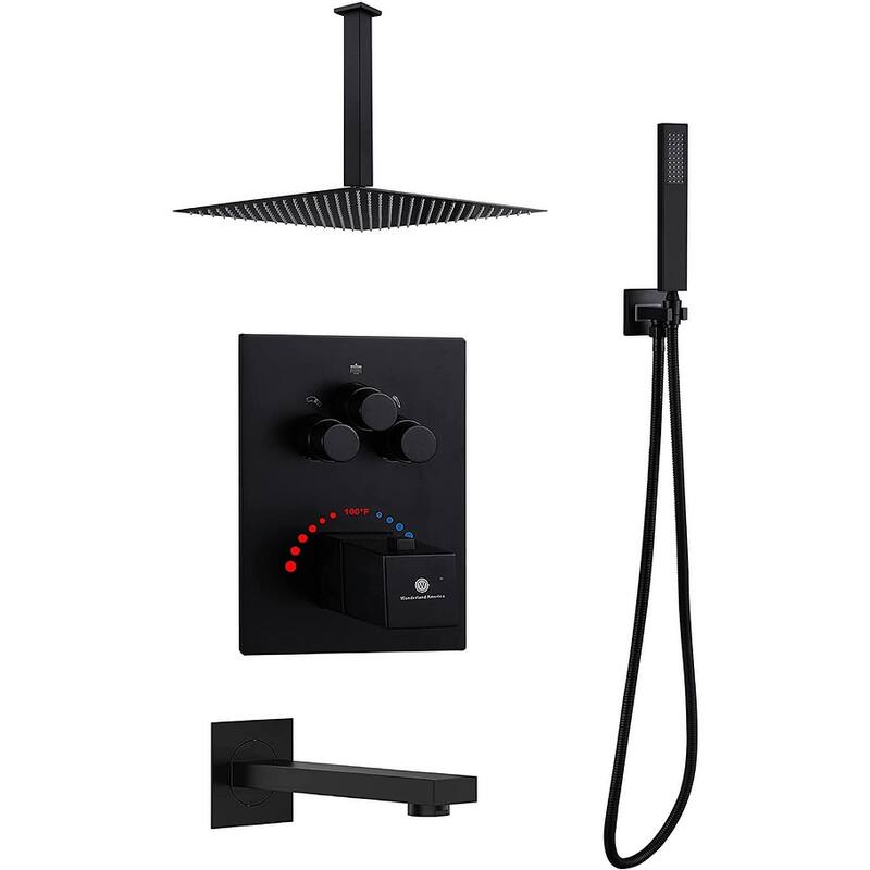 Matte Black Ceiling Mount 16 Inch Rainfall Shower Head 3 Way Thermostatic Shower Faucet w/ Tub Spout - Matte Black