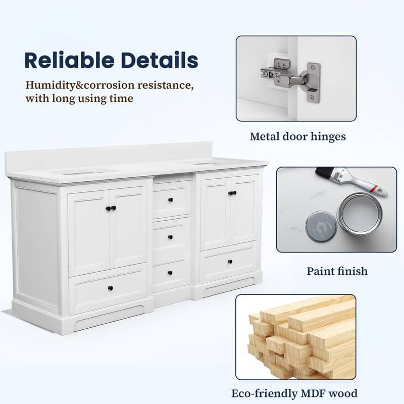 72-Inch Elegant Solid Wood Bathroom Vanity with Ceramic Top, Double Sinks, and Ample Storage