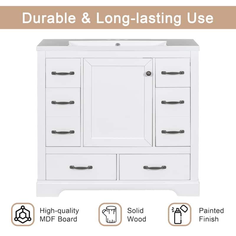 36" Bathroom Vanity with Sink Combo, 6 Drawers, Adjustable Shelf