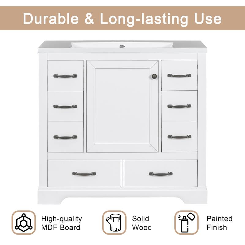Modern 36" Bathroom Vanity with Sink, Six Drawers, Adjustable Shelf & Multi-Functional Dividers