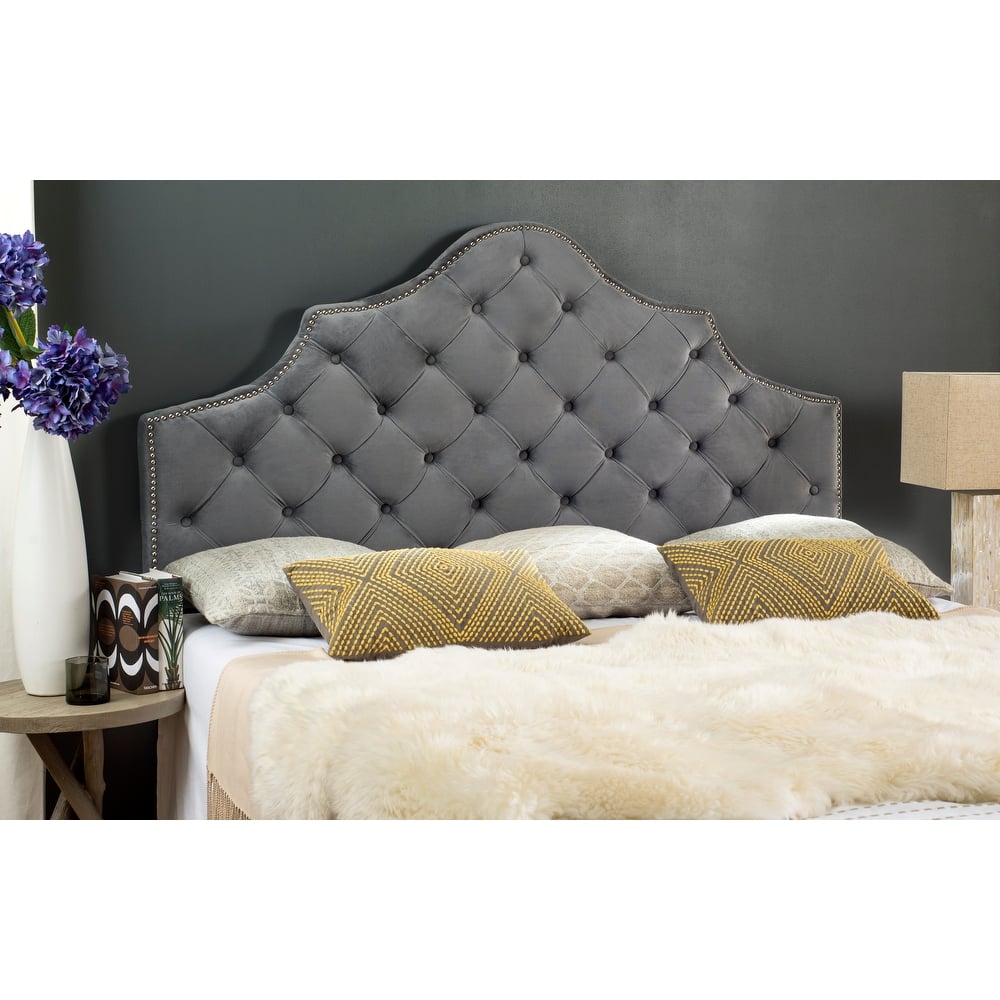 SAFAVIEH Rayna Grey Upholstered Tufted Headboard - Silver Nailhead (Full)
