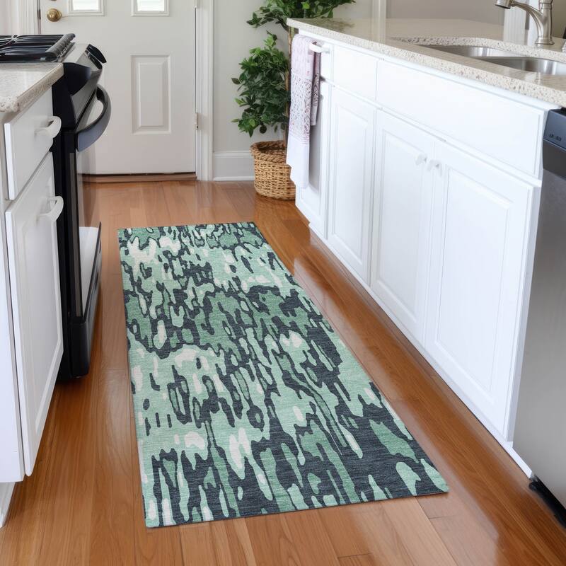 Machine Washable Indoor/ Outdoor Modern Watercolor Chantille Rug - Sage - 2'3" x 7'6"