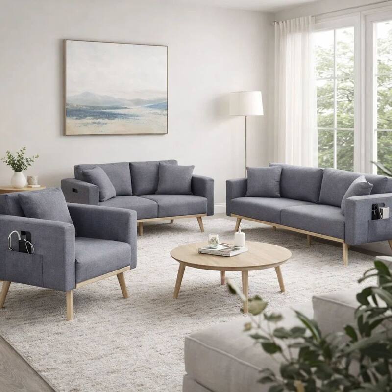 Odin 3 Piece Sofa Set with Loveseat and Chair, Tufted Cushions, Gray Velvet