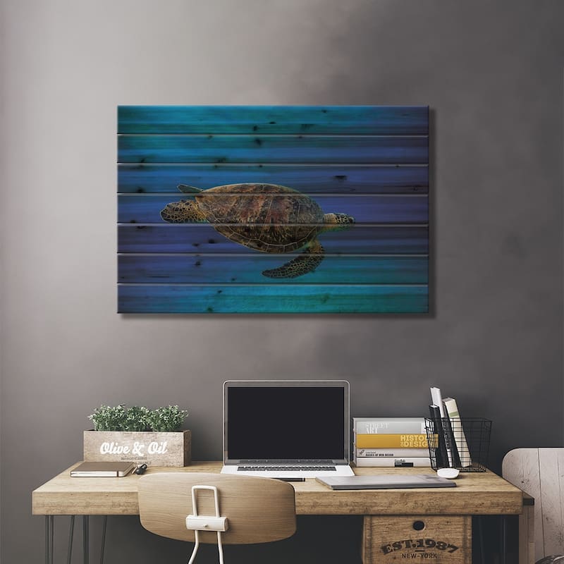 Green Turtle In The Blue Print On Wood by Barathieu Gabriel - Multi-Color