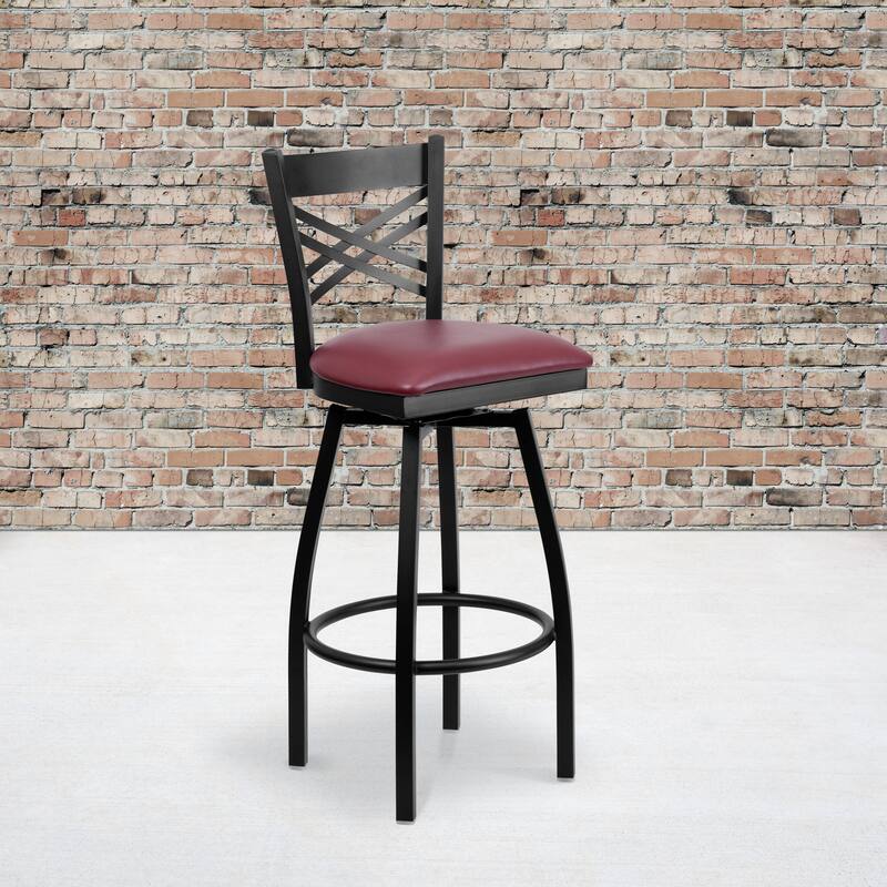 2 Pack ''X'' Back Swivel Metal Barstool - 16.5"W x 20.5"D x 44.5"H - 16.5"W x 20.5"D x 44.5"H - Burgundy Vinyl Seat/ Black Metal Frame