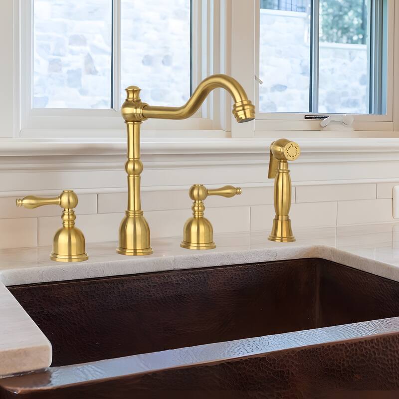 Two-Handles Widespread Kitchen Faucet with Side Sprayer- Brushed Gold
