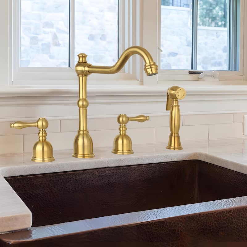 Two-Handles Widespread Kitchen Faucet with Side Sprayer- Brushed Gold