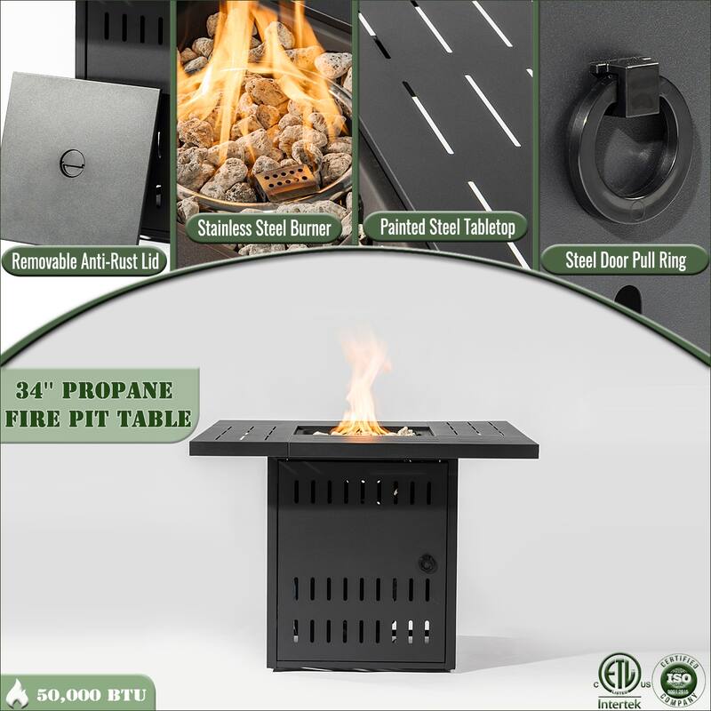 34" Propane Rectangular Steel Gas Fire Pit Table with 50000 BTU