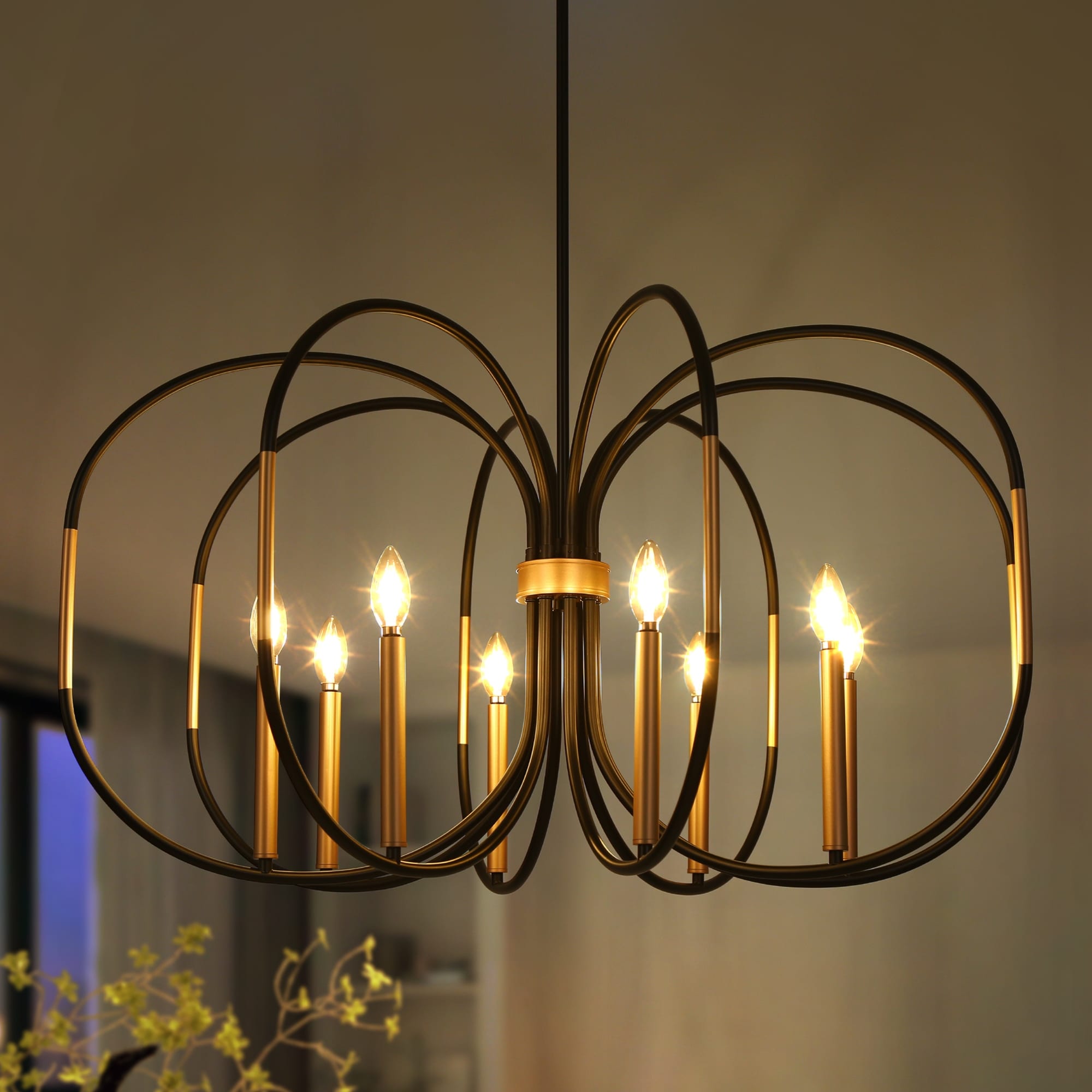 Modern Sculptural 8-Light Black Gold Chandelier Drum Curved Pendant for Dining Room - 37.8 " × 20 "