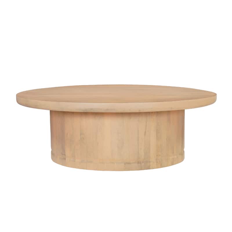 Bela Coffee Table 47 Inch Round Top Handcrafted Beige Mango Wood Pedestal Base