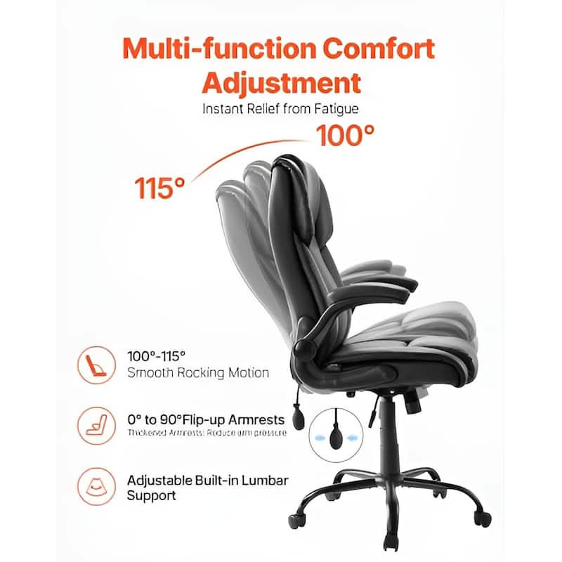 Black PU Leather Ergonomic Chair with Lumbar Support & Rocking Tilt - 28.35 x 28.54 x 50.39 in