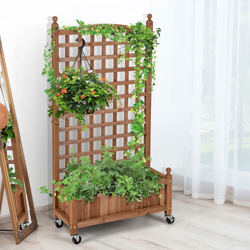 Costway 50in Wood Planter Box w/Trellis Mobile Raised Bed for - See details