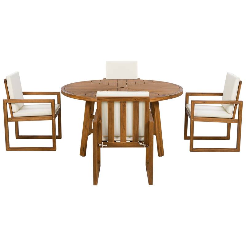 5-Piece Outdoor Acacia Wood Round Dining Set with 4 Armchairs, Cushion