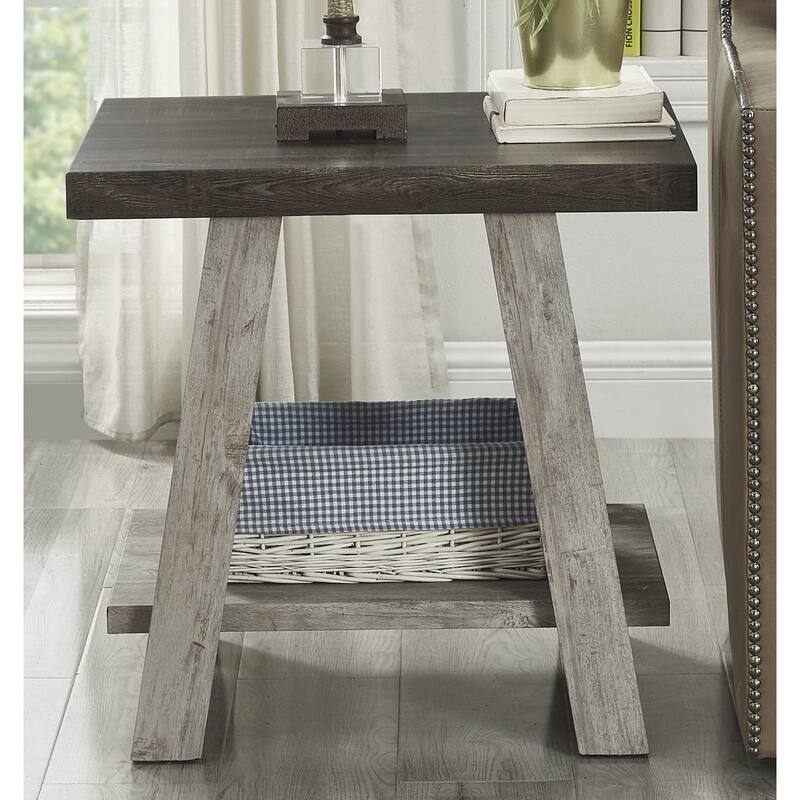 Contemporary Two-Tone Wood Shelf End Table in Weathered for Living Room